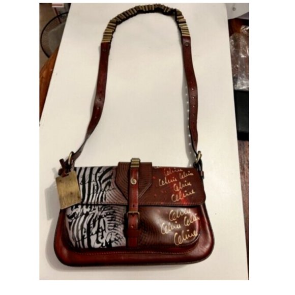 AUTHENTIC CELINE Hand Painted Shoulder Crossbody Bag RARE Animal Print deep red - Picture 9 of 16